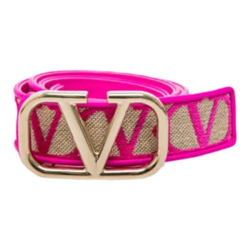 Valentino Letter Logo Smooth Buckle Leather Belts Unisex Pink/Beige -