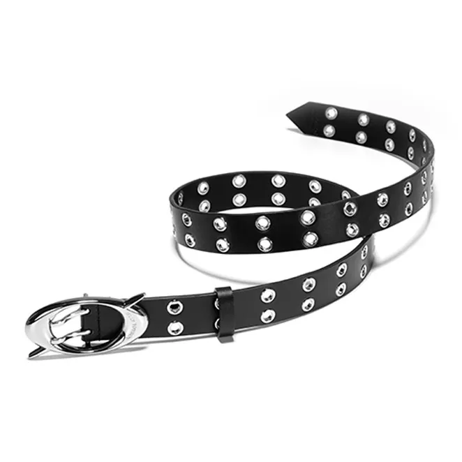 JELLYTOYBOY Trendy And Cool Dual Hole Eye Catching Versatile Niche Design Cow Leather Belt Pants Belt Unisex Black/Pink-2