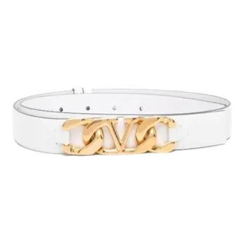 Valentino Badge Detail Smooth Buckle Leather Belts Unisex White