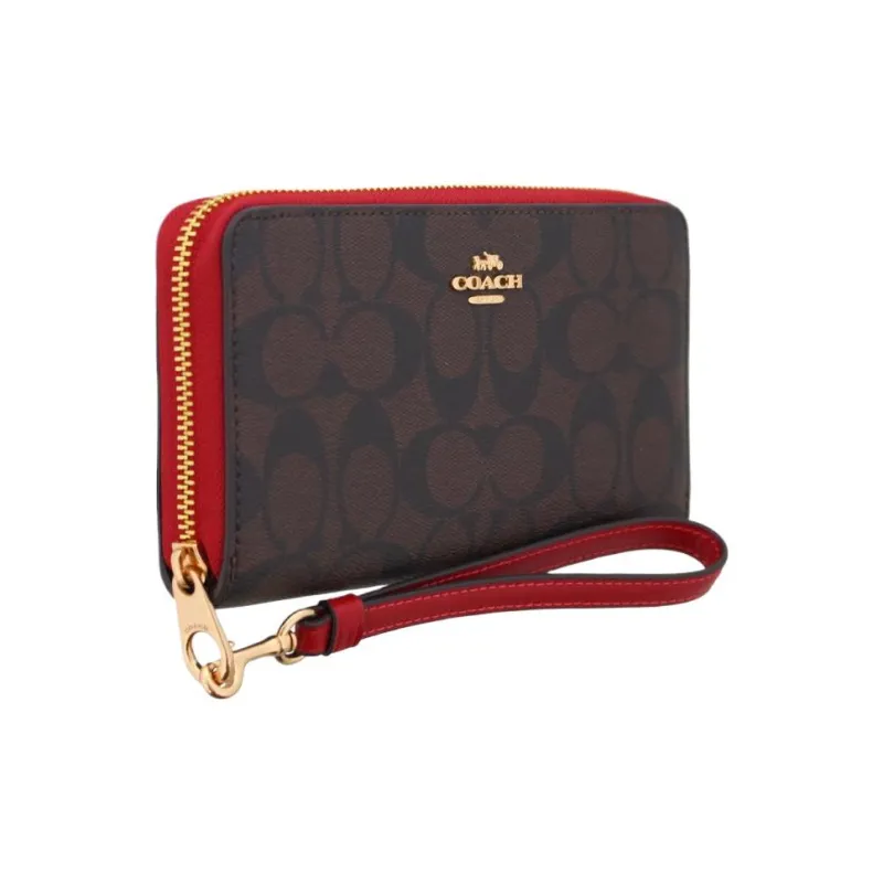 COACH Zip Around Canvas With Leather Wallets Clutches Women's Red & Brown Monogram-1