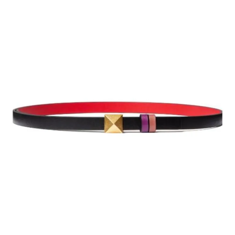 Valentino Double-Sided Smooth Buckle Leather Belts Women's Black Width 1.2CM-0
