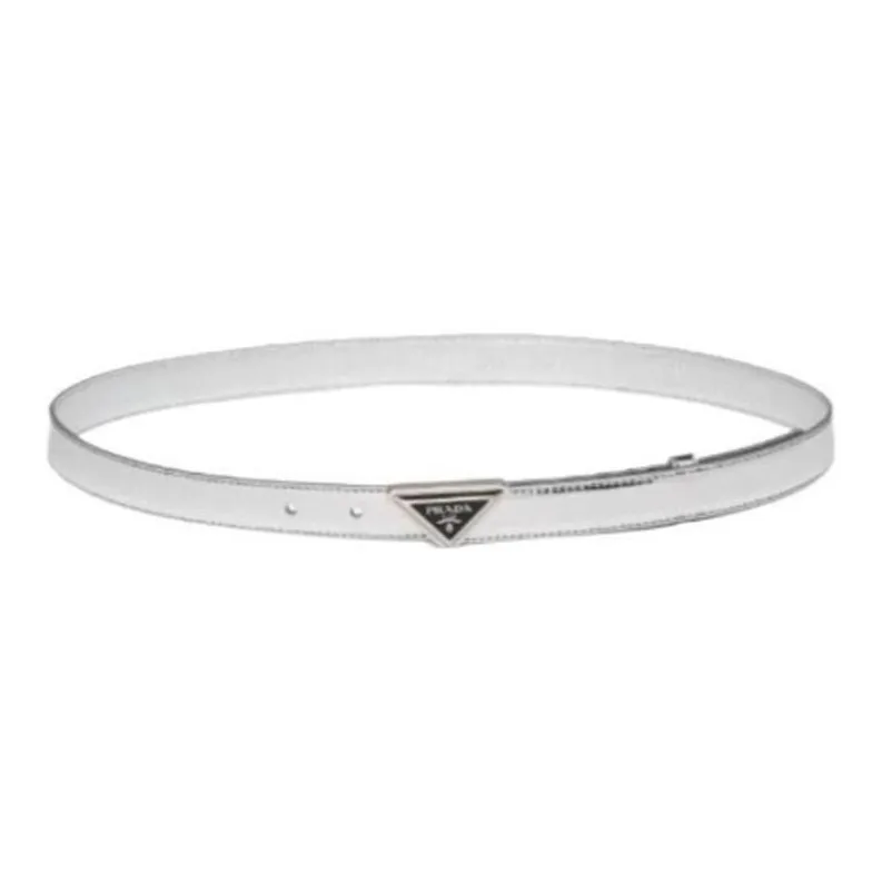PRADA Logo Emblem Smooth Buckle Leather Belts Women's Silver White 2CM-0