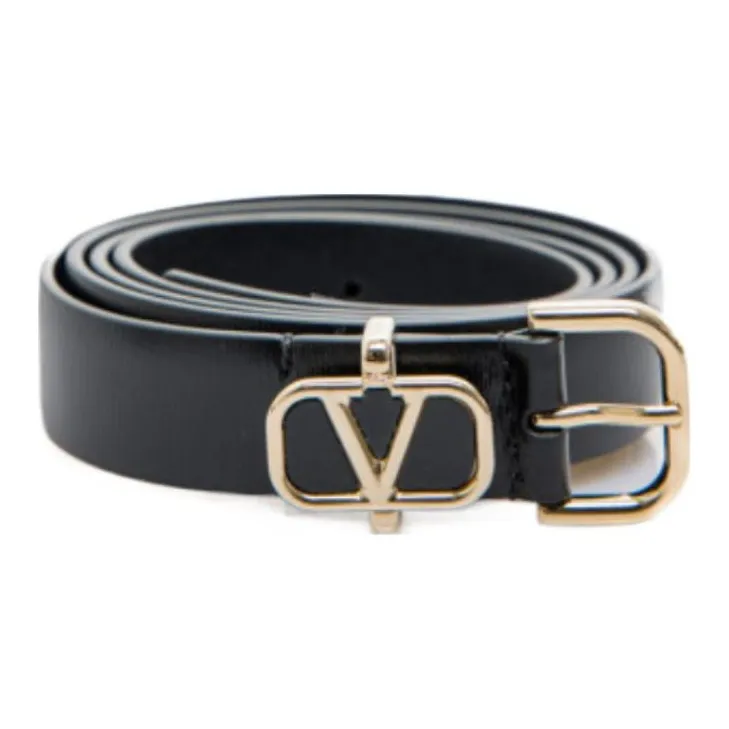 Valentino Logo Emblem Pin Buckle Metal Leather Belts Women's Black-0