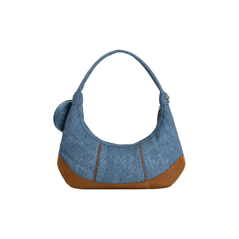 Miffy PU Advanced Textured Versatile Handbag For Long Commutes Crescent Moon Shoulder Bag Women's Ecru/Blue-10