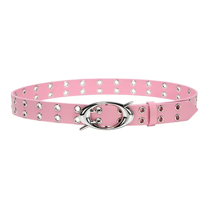 JELLYTOYBOY Trendy And Cool Dual Hole Eye Catching Versatile Niche Design Cow Leather Belt Pants Belt Unisex Black/Pink-4