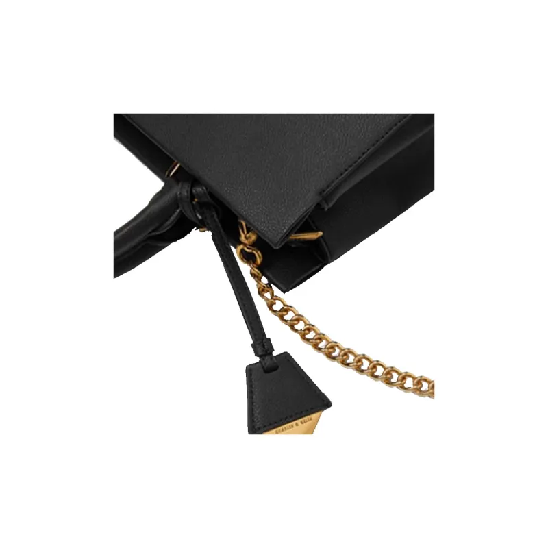 CHARLES&KEITH Polyurethane Synthetic Leather Kelly Bag, Crossbody Handbag, Shoulder Bag Medium Size Women's Black-4