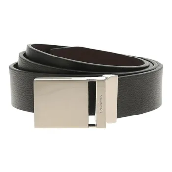 CK/Calvin Klein Logo Emblem Lettering Engraved Smooth Buckle Leather Belts Men's Black