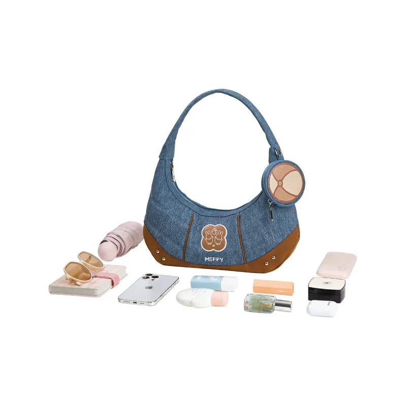 Miffy PU Advanced Textured Versatile Handbag For Long Commutes Crescent Moon Shoulder Bag Women's Ecru/Blue-12