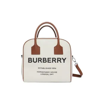 Burberry Cotton Bowling Bag Handbag Medium Size Women's Beige & Brown