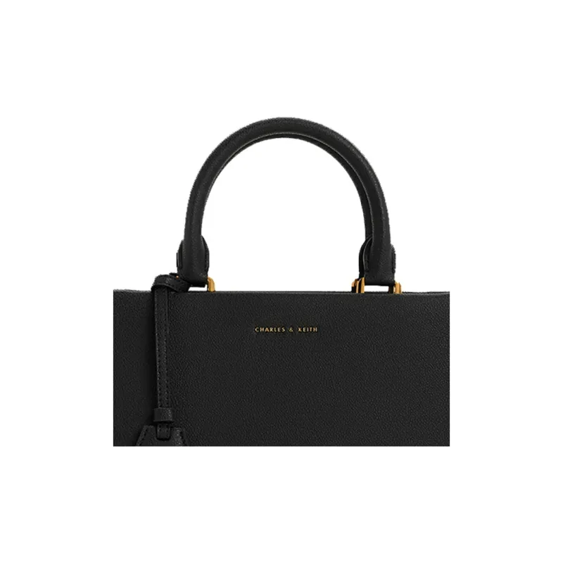 CHARLES&KEITH Polyurethane Synthetic Leather Kelly Bag, Crossbody Handbag, Shoulder Bag Medium Size Women's Black-3