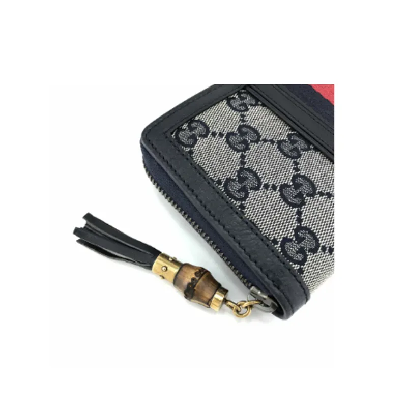 GUCCI Canvas With Leather Long Zip Closure Wallet Women's Greige/Dark Blue-4