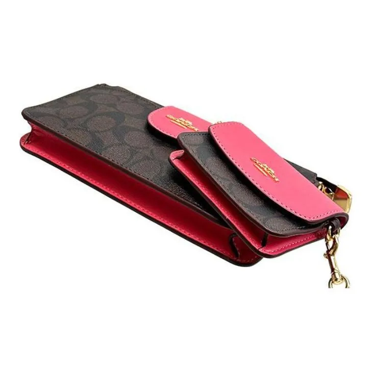 COACH Cow Leather With PVC Combo Bag, Shoulder Bag, Crossbody Bag Women's Brown & Watermelon Red-3