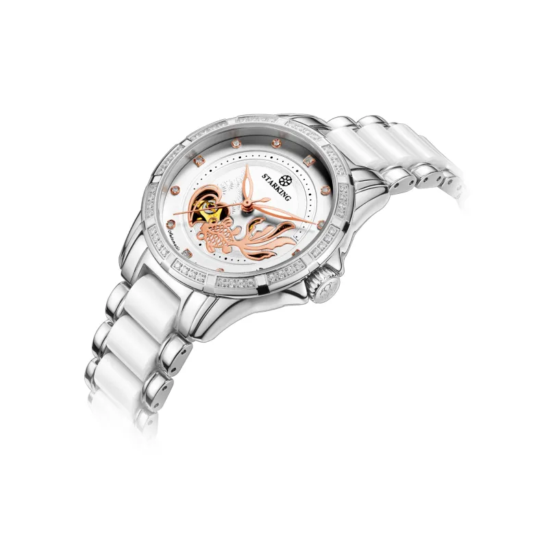 STARKING Koi Fish Collection Automatic Mechanical Movement Ceramic Strap Watch Women's Watch White Dial-8