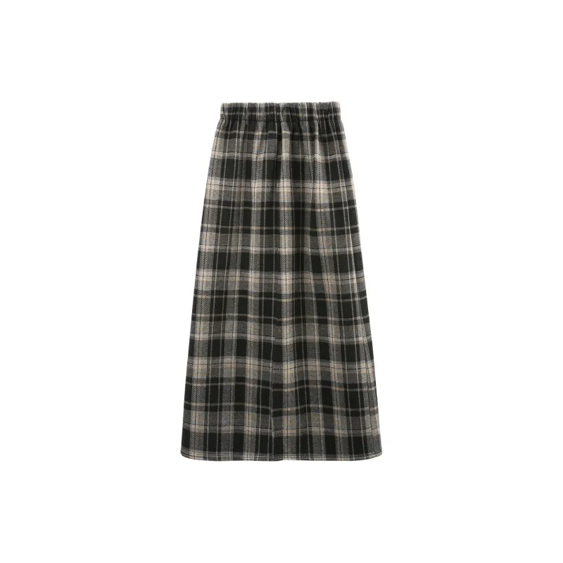 A Paradise For Awakening Casual Long Skirt Women's Black Plaid-1