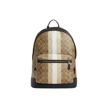 COACH West PVC Cow Leather Patchwork Fabric Backpack Regular Unisex Khaki & Multicolor