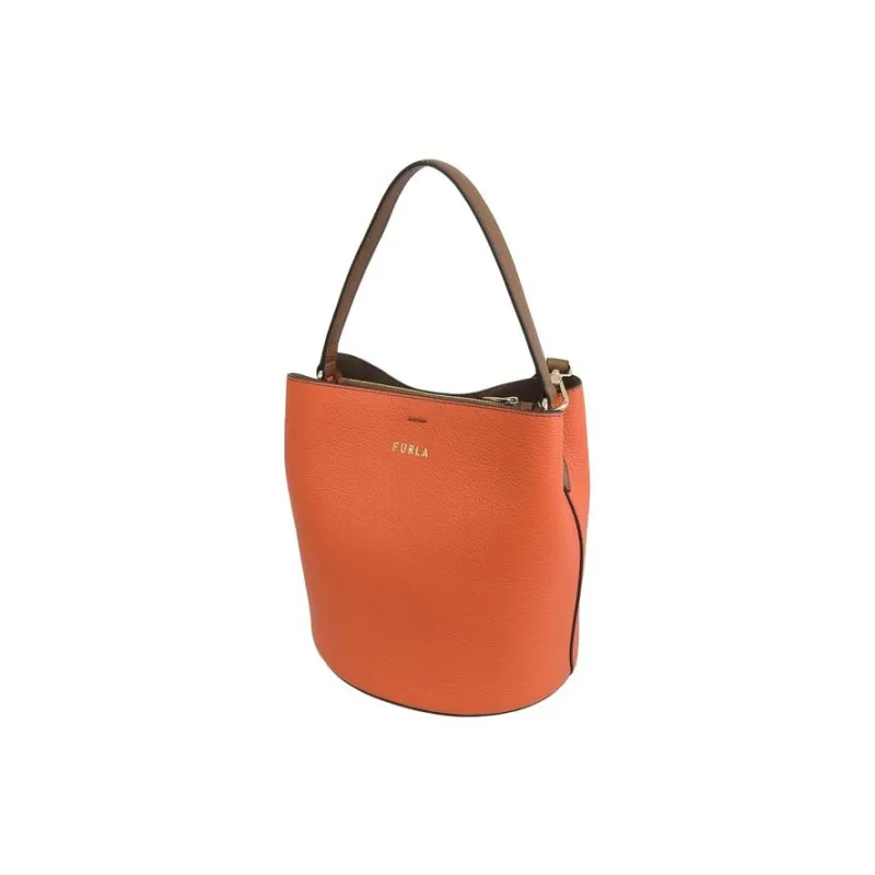Furla Leather Bucket Bag, One Shoulder Handbag Women's Orange & Cognac Brandy-3