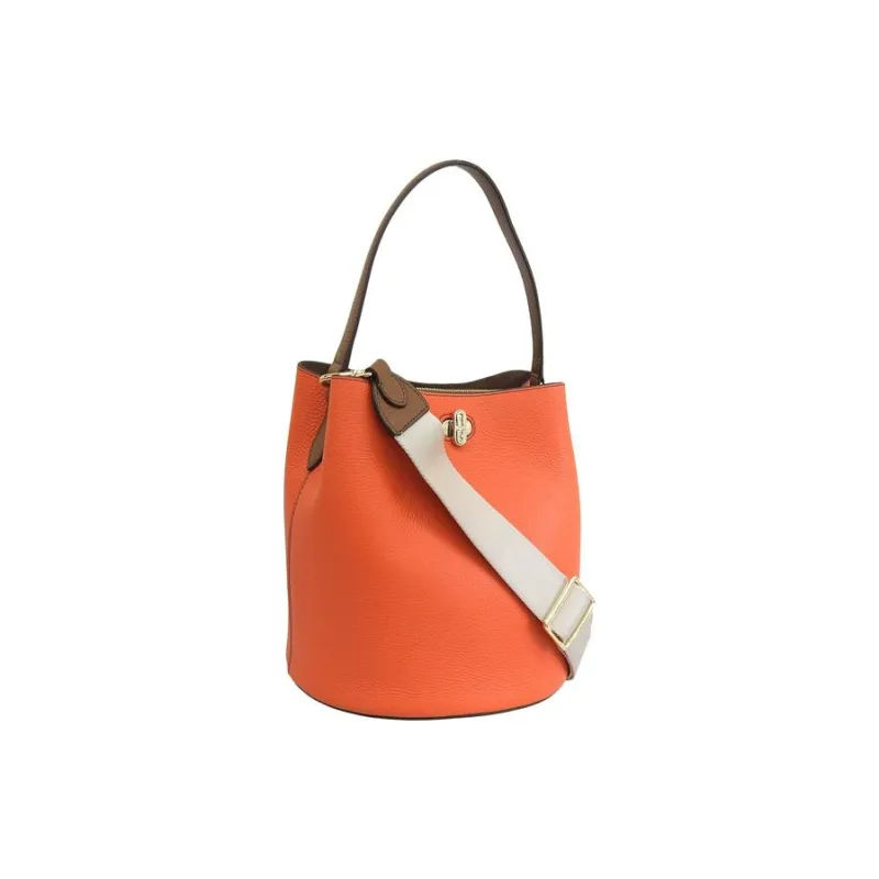 Furla Leather Bucket Bag, One Shoulder Handbag Women's Orange & Cognac Brandy-1