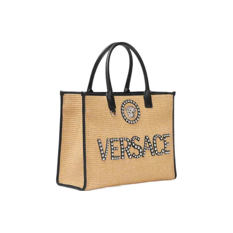 VERSACE La Medusa Cotton With Nylon Blend Tote Bag Shopping Bag Handbag Large Size Women's Beige-1
