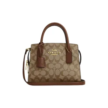 COACH Coated Canvas With Smooth Leather Tote Bag Shopping Bag Shoulder Bag Handbag Small Size Women's Khaki