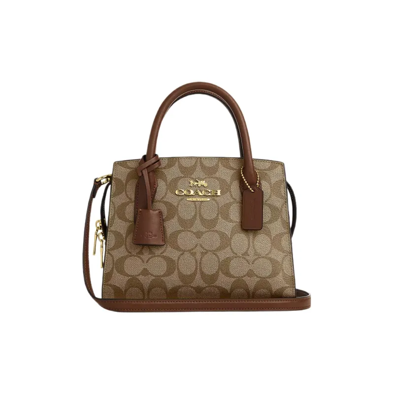 COACH Coated Canvas With Smooth Leather Tote Bag Shopping Bag Shoulder Bag Handbag Small Size Women's Khaki-0