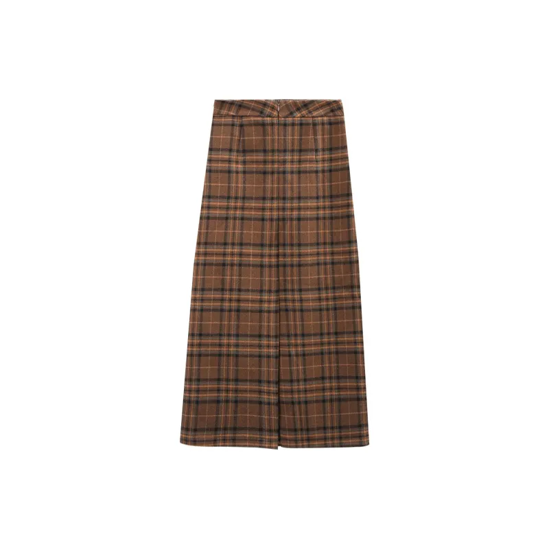A Paradise For Awakening Casual Long Skirt Women's Coffee Plaid-1
