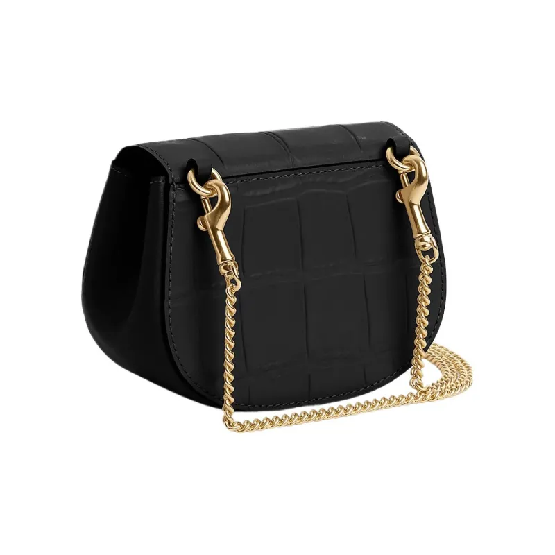 COACH Morgan Crocodile Embossed Leather Saddle Bag, One Shoulder Crossbody Card Holder Mini Women's Gold & Black-1
