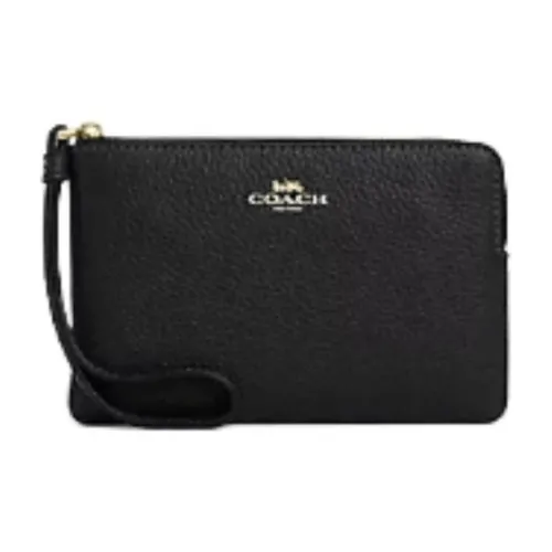 COACH Corner Zip Leather Wrist Bag Small Size Women's Black