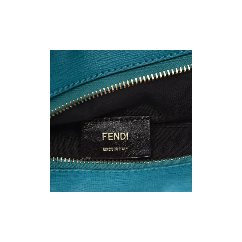 FENDI Leather Paneled Canvas Bucket Bag One Shoulder Canvas Bag Crossbody Bag Women's Tobacco And Turquoise-4