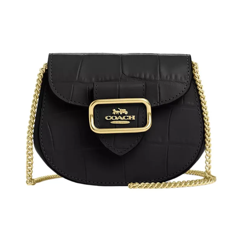 COACH Morgan Crocodile Embossed Leather Saddle Bag, One Shoulder Crossbody Card Holder Mini Women's Gold & Black-0
