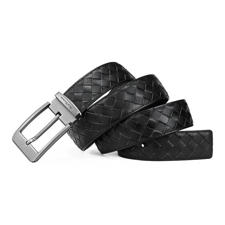 FAIRWHALE Embossed Logo, Top Grain Woven Cow Leather, Genuine Leather Pin Buckle Leather Belts Men's Width 3.5CM-2