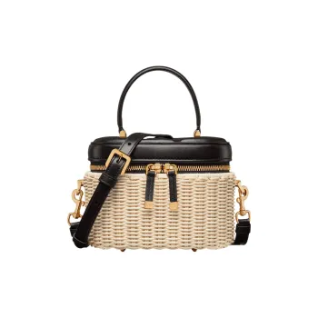 DIOR Wicker With Cow Leather Shoulder Bag Crossbody Bag Handbag Small Size Women's Black & Natural