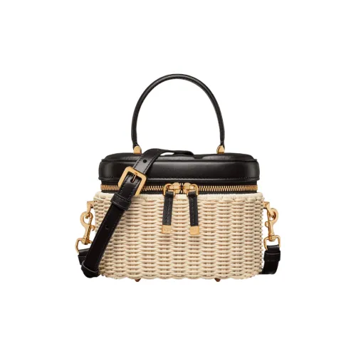 DIOR Wicker With Cow Leather Shoulder Bag Crossbody Bag Handbag Small Size Women's Black & Natural