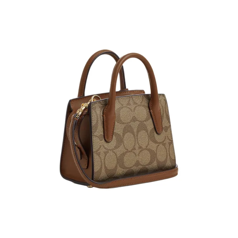 COACH Coated Canvas With Smooth Leather Tote Bag Shopping Bag Handbag Mini Women's Khaki-2