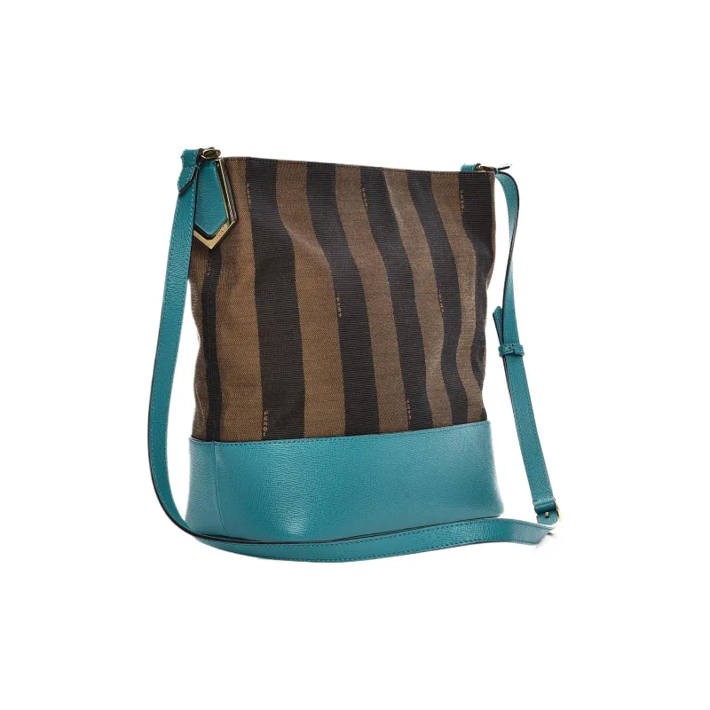 FENDI Leather Paneled Canvas Bucket Bag One Shoulder Canvas Bag Crossbody Bag Women's Tobacco And Turquoise-1