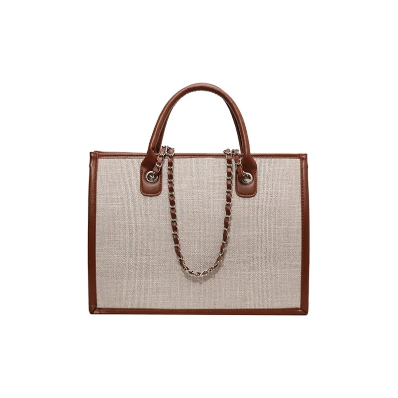 JANE KLAIN Fabric Portable Tote One Shoulder Bag Large Size Women's White & Brown-0