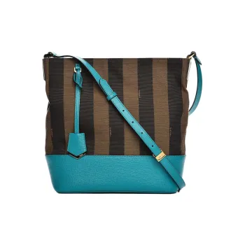 FENDI Leather Paneled Canvas Bucket Bag One Shoulder Canvas Bag Crossbody Bag Women's Tobacco And Turquoise