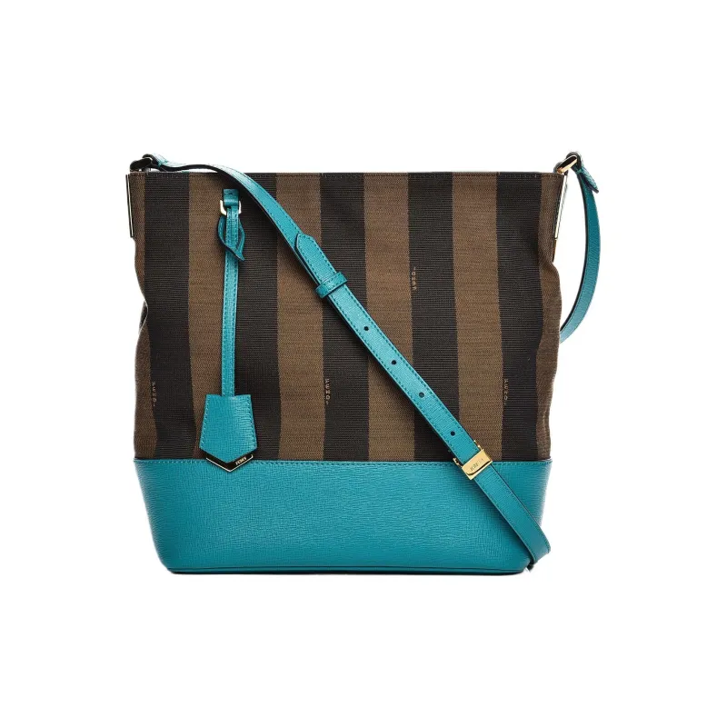 FENDI Leather Paneled Canvas Bucket Bag One Shoulder Canvas Bag Crossbody Bag Women's Tobacco And Turquoise-0