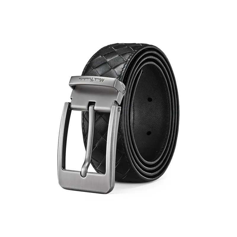 FAIRWHALE Embossed Logo, Top Grain Woven Cow Leather, Genuine Leather Pin Buckle Leather Belts Men's Width 3.5CM-0