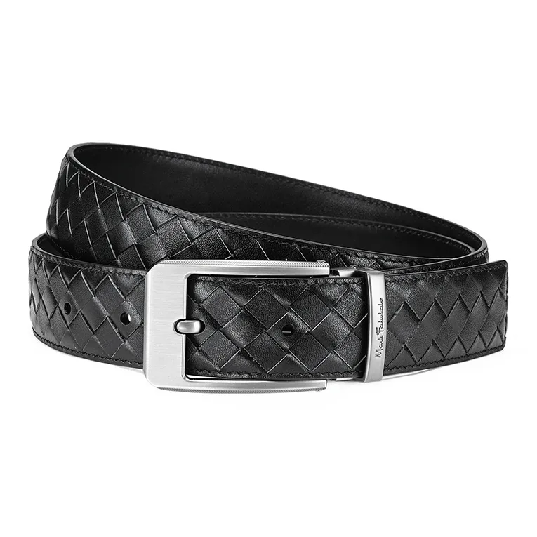 FAIRWHALE Embossed Logo, Top Grain Woven Cow Leather, Genuine Leather Pin Buckle Leather Belts Men's Width 3.5CM-1