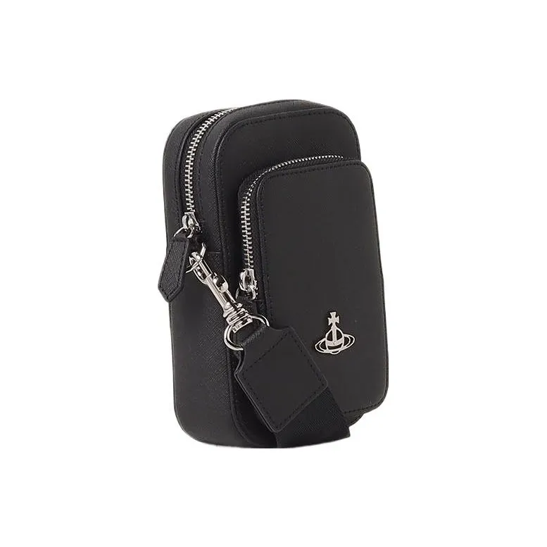Vivienne Westwood Saffiano Cow Leather Cell Phone Pouch, Crossbody Bag, Shoulder Bag Women's Black-1