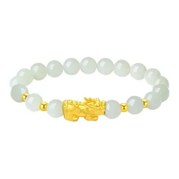 Phoenix Temple Jewelry 999 Gold Bracelet White Jade/Pale Greenish White Jade Women's