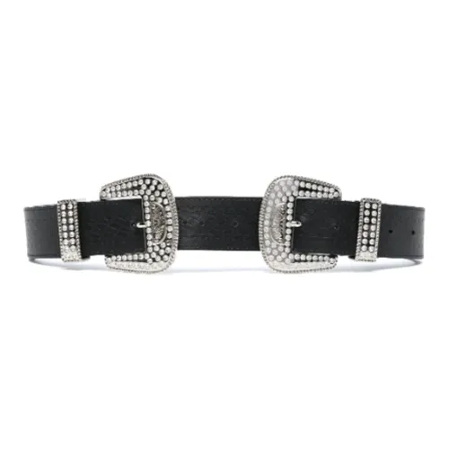 MOSCHINO Adjustable Elastic Pin Buckle Calfskin Crystal Accents Hardware Accessories Leather Belts Women's Black