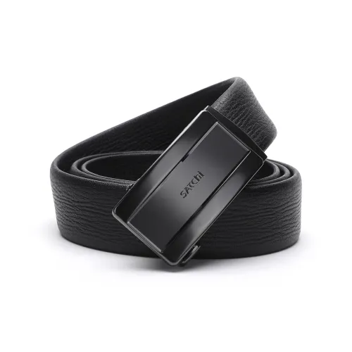 Satchi Sanduo Belt Automatic Buckle Matte Vintage Alloy Buckle Cow Leather Belt Men's Black Width 3.55CM