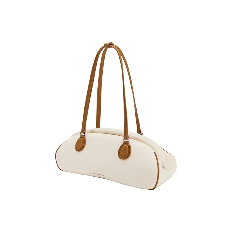 AMAZING SONG Cow Leather Commute OL Baguette Bag Shoulder Bag Large Size Women's Oatmeal White/Elegant Black-1