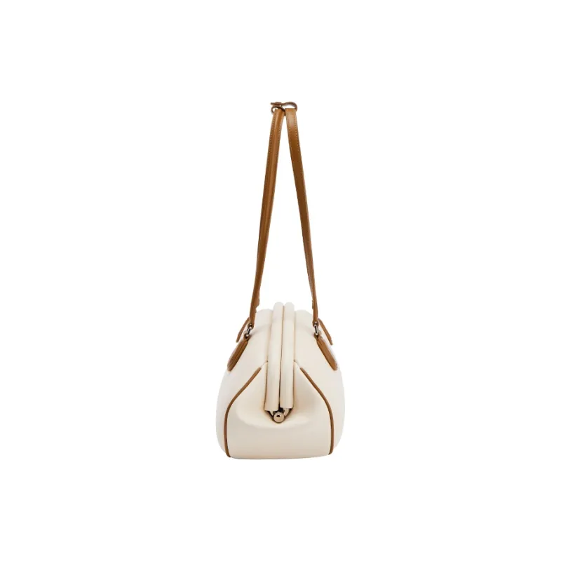 AMAZING SONG Cow Leather Commute OL Baguette Bag Shoulder Bag Large Size Women's Oatmeal White/Elegant Black-3