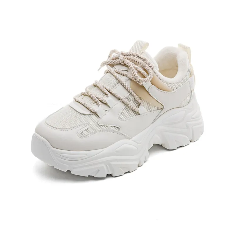 Warrior Thin Cotton Casual Athletic Shoes Thermal Height Increase Low Top Chunky Sneakers Women's Beige Khaki Fleece-1