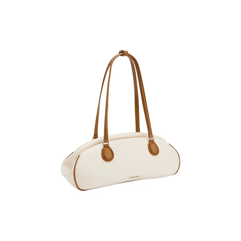AMAZING SONG Cow Leather Commute OL Baguette Bag Shoulder Bag Large Size Women's Oatmeal White/Elegant Black-2