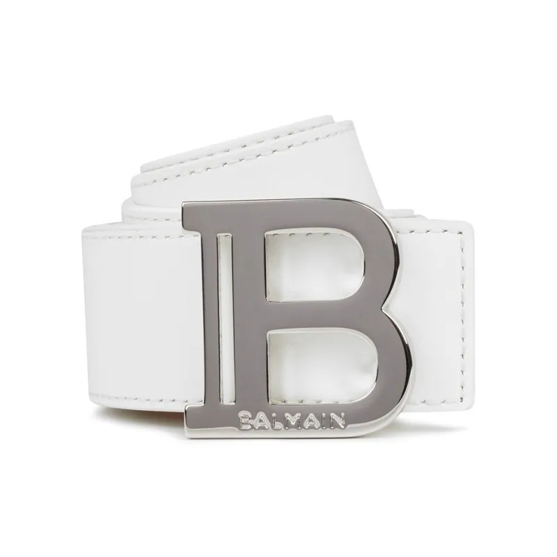 BALMAIN B Letter Metal Smooth Buckle Leather Belts Men's White-0