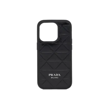 PRADA Embossed Brushed Leather IPhone 14 Pro Case Bag Accessory Men's Black