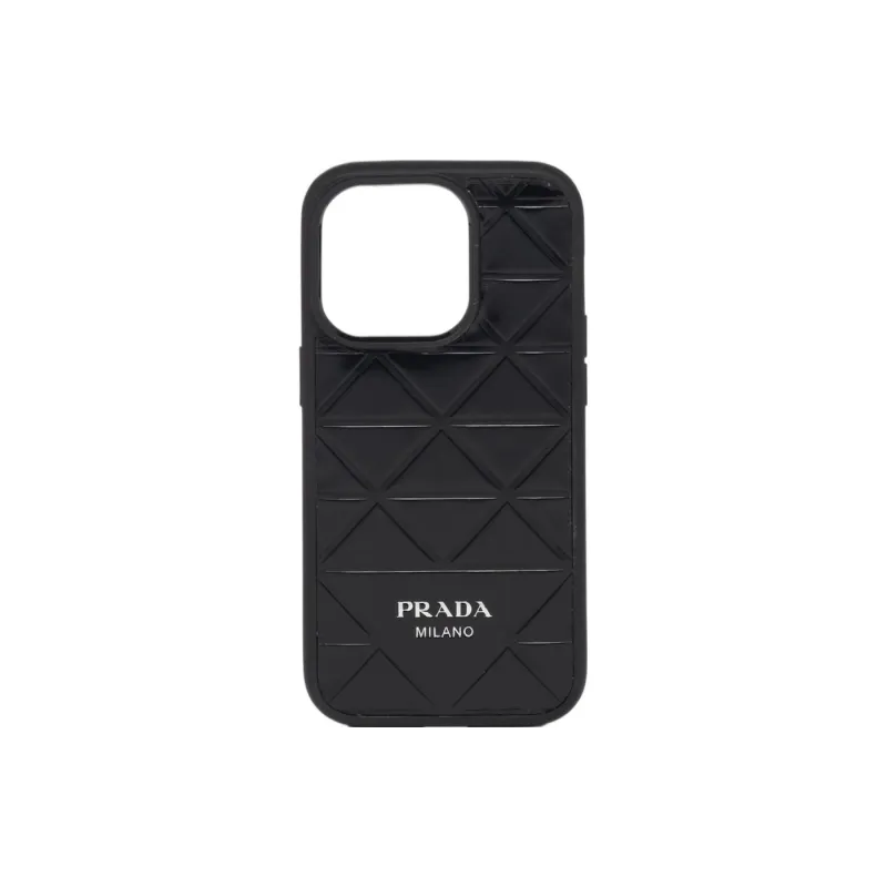 PRADA Embossed Brushed Leather IPhone 14 Pro Case Bag Accessory Men's Black-0